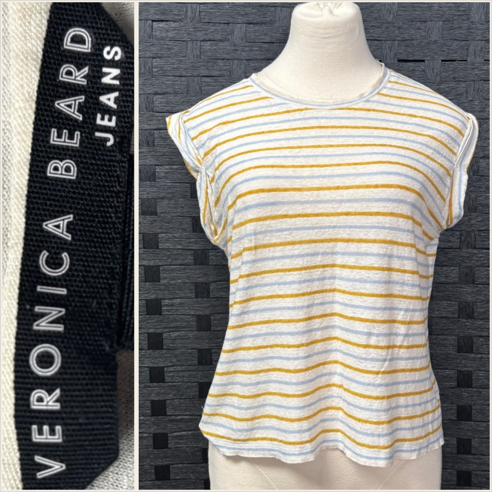 Veronica Beard Jeans Striped 100% Linen Cap Sleeve Tee Top Small
